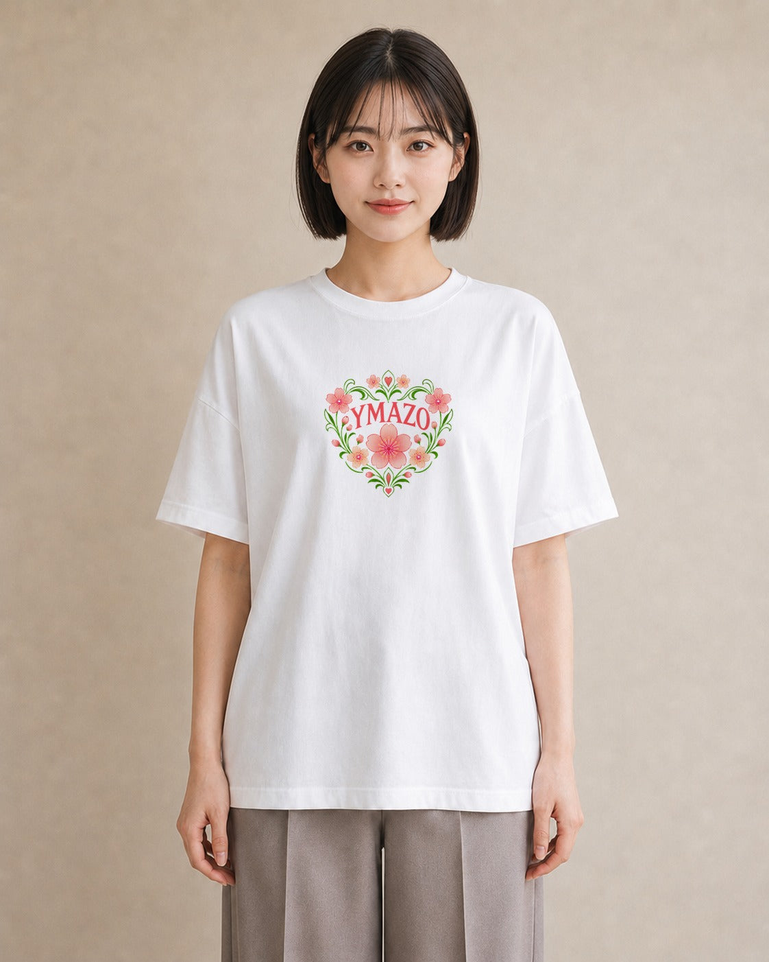 【受注生産】YMAZO Tシャツ レディース 半袖 ビッグT 花柄 フローラル ボタニカル 花 ブーケ 白T 綿100% ホワイト M L 手描き ニュアンス 大人可愛い お出かけ カジュアル 春夏 初夏 プレゼント｜花あそび（スタンダード