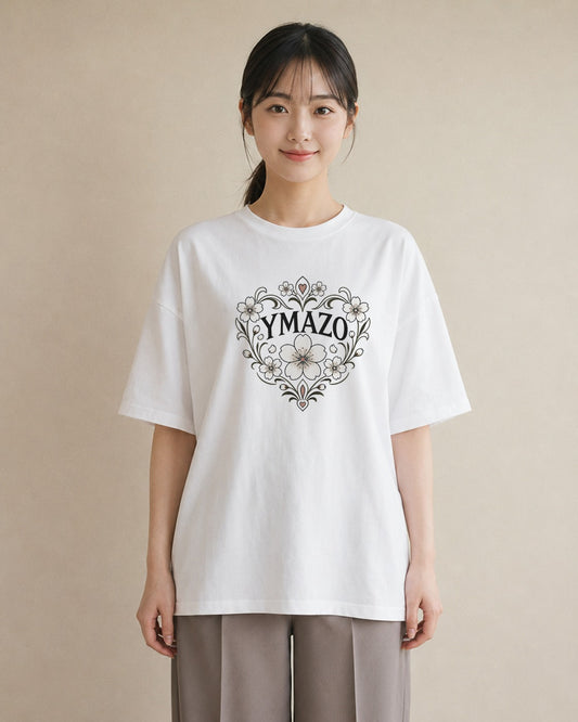 【受注生産】YMAZO Tシャツ レディース 半袖 オーバーサイズ 花柄 フローラル ボタニカル 花 ブーケ 白T 綿100% ホワイト M L 大人可愛い 手描き ナチュラル リンクコーデ お出かけ 父の日 春夏｜花あそび（大きめプリント