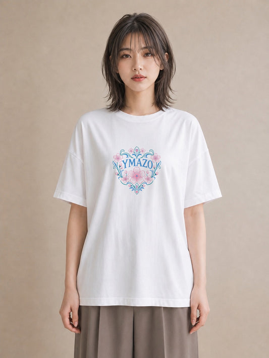【受注生産】YMAZO Tシャツ レディース 半袖 ビッグT 花柄 フローラル ボタニカル 花 ブーケ 白T 綿100% ホワイト M L 水彩 手描き ナチュラル リンクコーデ 推し活 プレゼント 初夏 ギフト｜花便り（スタンダードプリン