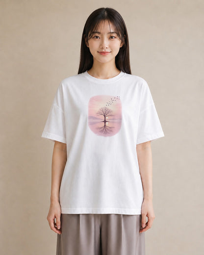 【受注生産】YMAZO Tシャツ レディース 半袖 ゆったり 鳥 小鳥 ことり バード とり 白T 綿100% ホワイト M L ニュアンス ナチュラル フェミニン お出かけ 推し活 初夏 父の日 プレゼント｜YMAZO art（大きめプリ