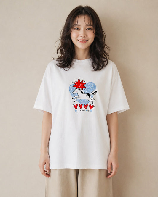 【受注生産】YMAZO Tシャツ レディース 半袖 ビッグシルエット ハート heart ハート柄 白T 綿100% ホワイト M L フェミニン ニュアンス 手描き カジュアル お出かけ 父の日 プレゼント 202｜どうぶつ日和（大きめプ