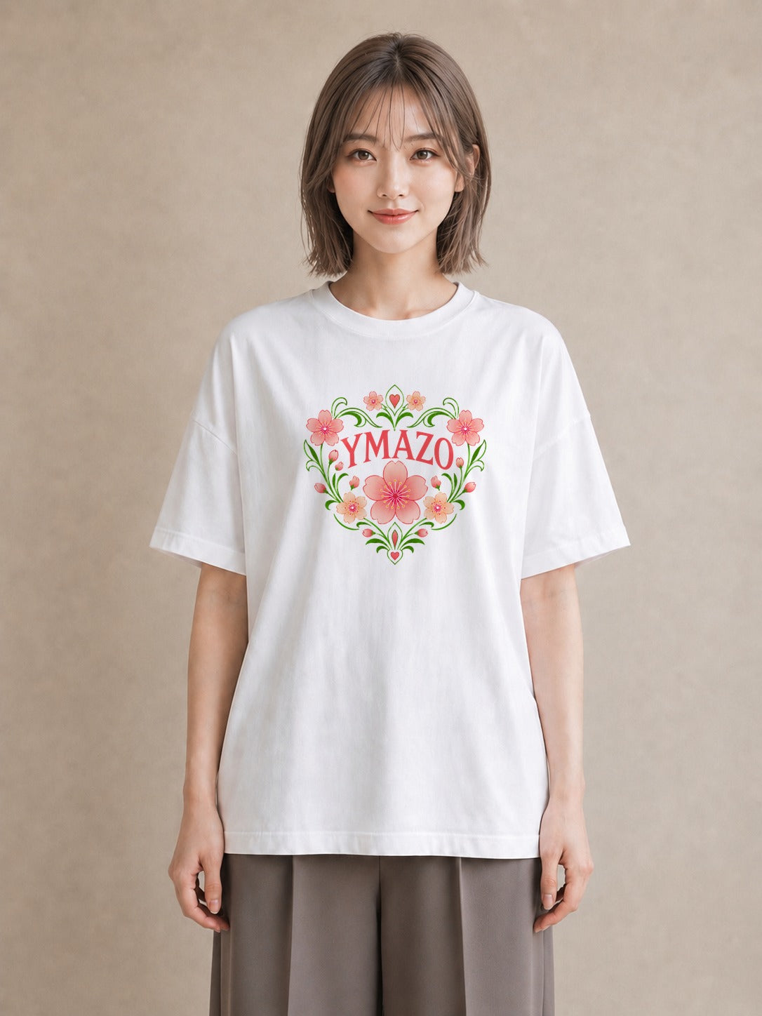 【受注生産】YMAZO Tシャツ レディース 半袖 オーバーサイズ 花柄 フローラル ボタニカル 花 ブーケ 白T 綿100% ホワイト M L 水彩 韓国っぽい ナチュラル お出かけ 推し活 初夏 春夏 ギフト｜花便り（大きめプリント 2