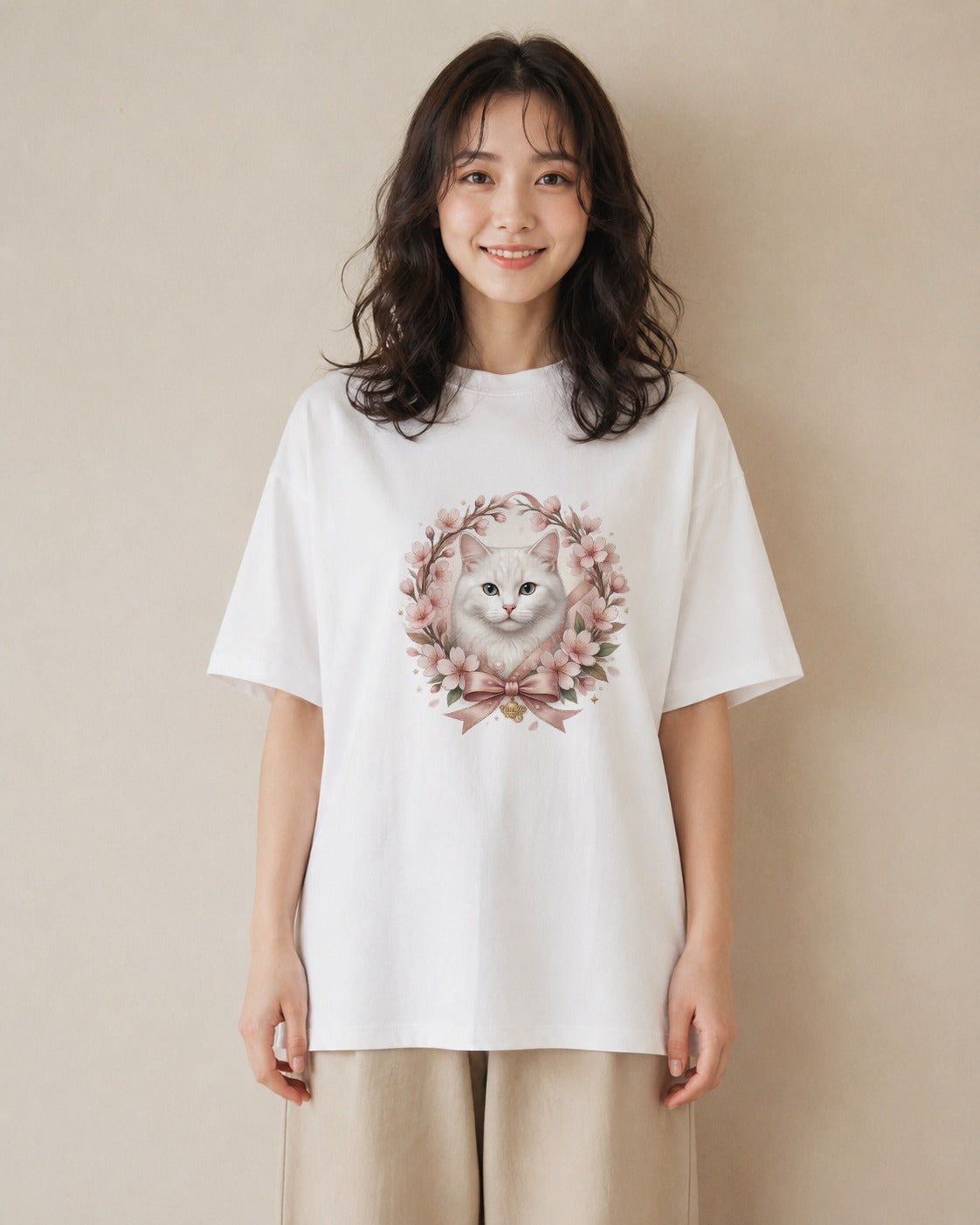 花輪の猫｜さくらリース 水彩 半袖Tシャツ レディース