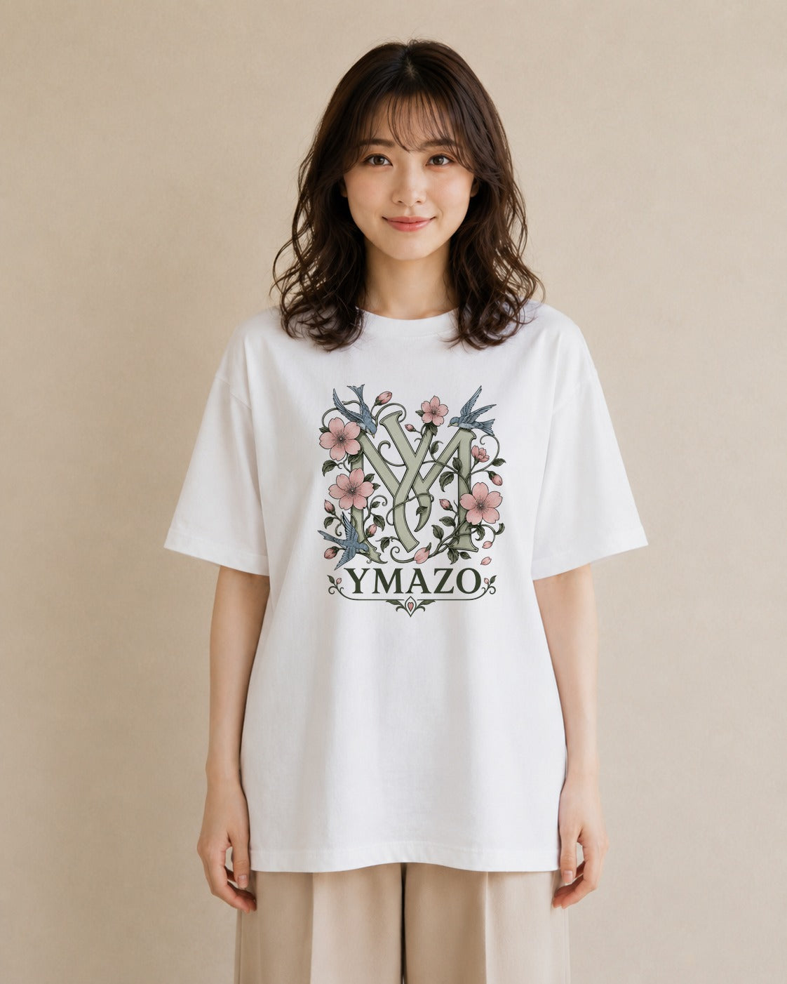 【受注生産】YMAZO Tシャツ レディース 半袖 ビッグシルエット 鳥 小鳥 ことり バード とり 白T 綿100% ホワイト M L 水彩 フェミニン 韓国っぽい 推し活 お出かけ 2026新作 春夏 父の日｜YMAZO art（大きめ