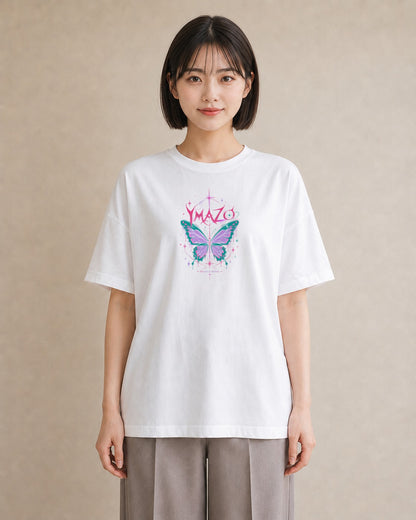 【受注生産】YMAZO Tシャツ レディース 半袖 オーバーサイズ 蝶 ちょうちょ バタフライ 蝶々 白T 綿100% ホワイト M L 大人可愛い ナチュラル 韓国っぽい カジュアル 推し活 プレゼント 春夏 父の｜どうぶつ日和（大きめプ