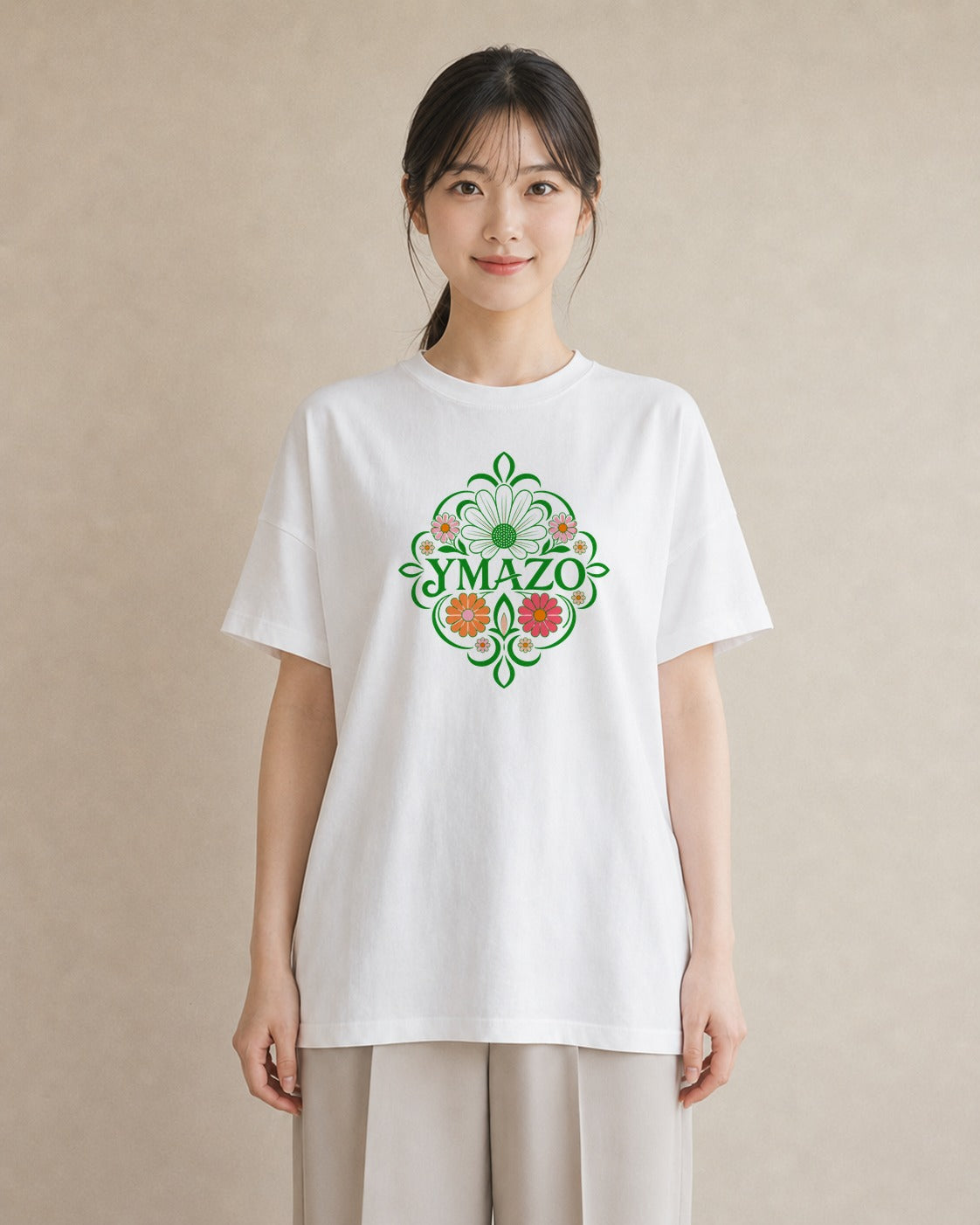 【受注生産】YMAZO Tシャツ レディース 半袖 ゆったり 花柄 フローラル ボタニカル 花 ブーケ 白T 綿100% ホワイト M L 大人可愛い 韓国っぽい くすみカラー お出かけ デイリー 初夏 父の日 ギフ｜花便り（大きめプリント
