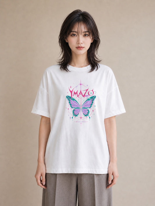 【受注生産】YMAZO Tシャツ レディース 半袖 オーバーサイズ 蝶 ちょうちょ バタフライ 蝶々 白T 綿100% ホワイト M L 大人可愛い ナチュラル 韓国っぽい カジュアル 推し活 プレゼント 春夏 父の｜どうぶつ日和（大きめプ
