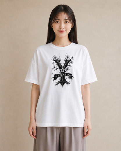 【受注生産】YMAZO Tシャツ レディース 半袖 ゆったり 花柄 フローラル ボタニカル 花 ブーケ 白T 綿100% ホワイト M L くすみカラー 韓国っぽい 大人可愛い リンクコーデ カジュアル 父の日 初夏｜イニシャルY（大きめプ