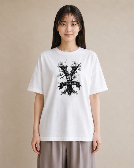 【受注生産】YMAZO Tシャツ レディース 半袖 ゆったり 花柄 フローラル ボタニカル 花 ブーケ 白T 綿100% ホワイト M L くすみカラー 韓国っぽい 大人可愛い リンクコーデ カジュアル 父の日 初夏｜イニシャルY（大きめプ