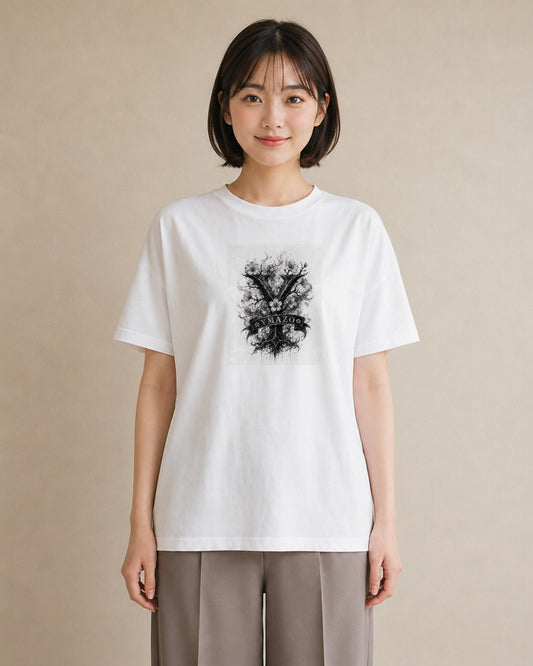 【受注生産】YMAZO Tシャツ レディース 半袖 ビッグT 花柄 フローラル ボタニカル 花 ブーケ 白T 綿100% ホワイト M L ナチュラル 手描き くすみカラー お出かけ 推し活 プレゼント 春夏 初夏｜Y字ロゴ（大きめプリント