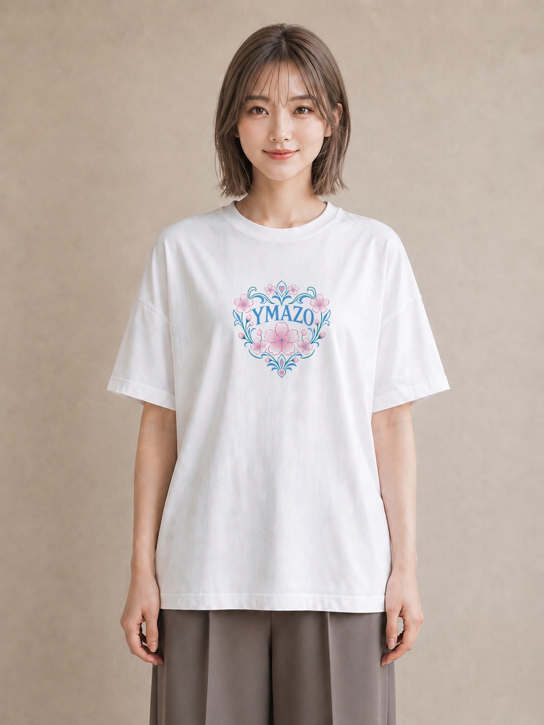 【受注生産】YMAZO Tシャツ レディース 半袖 ビッグT 花柄 フローラル ボタニカル 花 ブーケ 白T 綿100% ホワイト M L 水彩 手描き ナチュラル リンクコーデ 推し活 プレゼント 初夏 ギフト｜花便り（大きめプリント 2