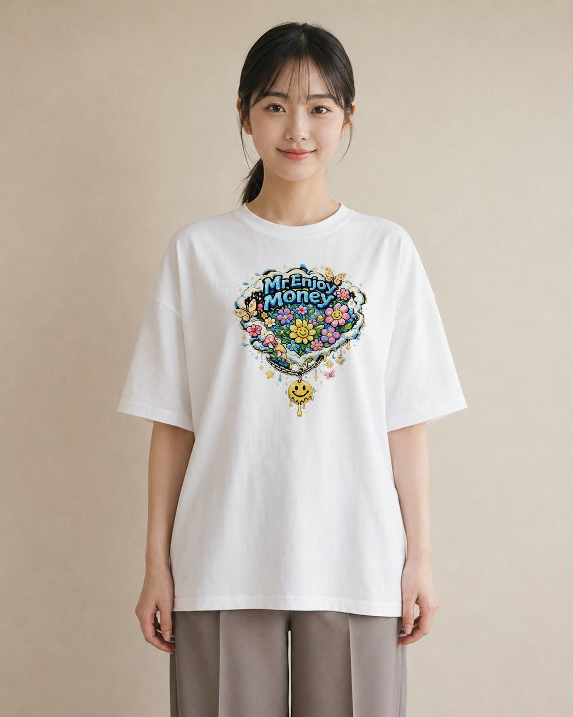【受注生産】YMAZO Tシャツ レディース 半袖 ゆったり 花 花柄 フラワー フローラル ボタニカル 白T 綿100% ホワイト M L 手描き くすみカラー ニュアンス 通勤 カジュアル プレゼント 2026新｜花あそび（大きめプリン