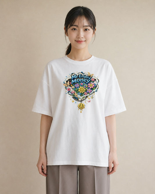 【受注生産】YMAZO Tシャツ レディース 半袖 ゆったり 花 花柄 フラワー フローラル ボタニカル 白T 綿100% ホワイト M L 手描き くすみカラー ニュアンス 通勤 カジュアル プレゼント 2026新｜花あそび（大きめプリン
