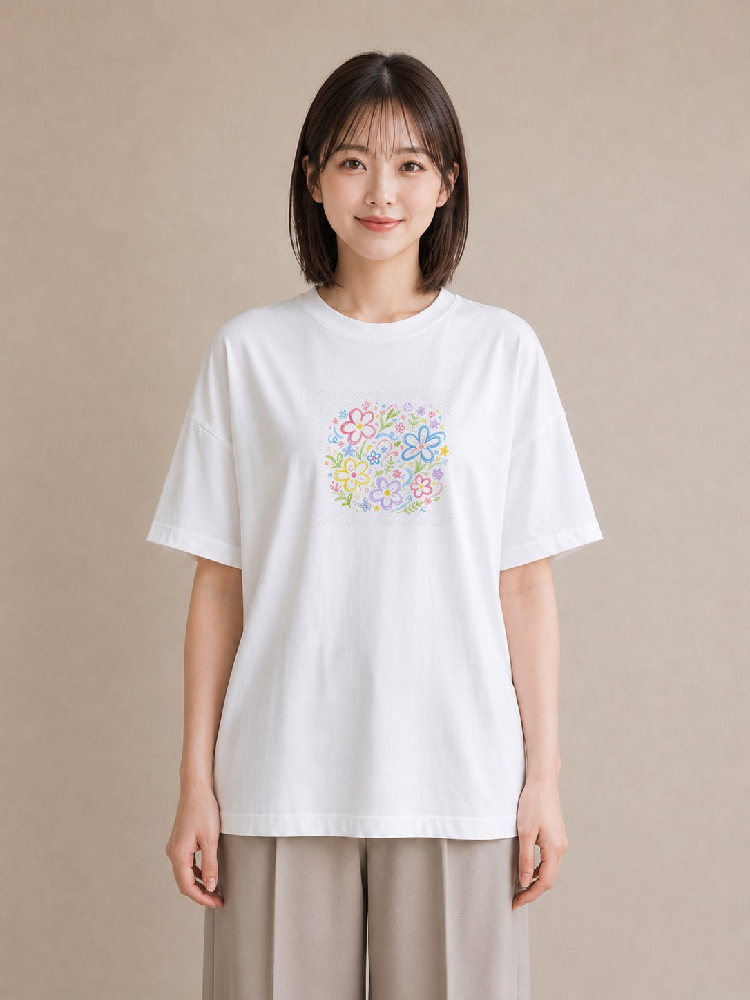 【受注生産】YMAZO Tシャツ レディース 半袖 ビッグT 花柄 フローラル ボタニカル 花 ブーケ 白T 綿100% ホワイト M L 手描き 韓国っぽい フェミニン 通勤 デート プレゼント 春夏 初夏｜花便り（スタンダードプリント 