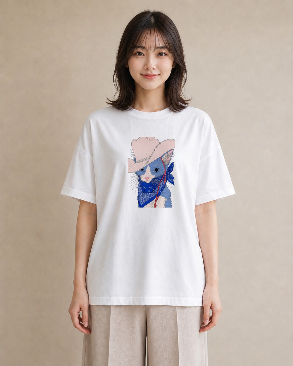 【受注生産】YMAZO Tシャツ レディース 半袖 ゆったり 猫 ねこ ネコ キャット 猫柄 白T 綿100% ホワイト M L 手描き ナチュラル 韓国っぽい リンクコーデ カジュアル プレゼント 父の日 春夏｜どうぶつ日和（大きめプリン