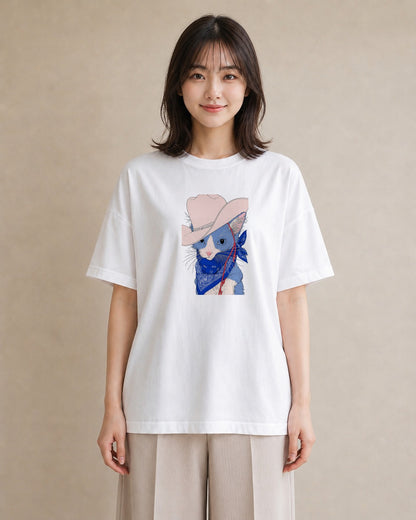 【受注生産】YMAZO Tシャツ レディース 半袖 ゆったり 猫 ねこ ネコ キャット 猫柄 白T 綿100% ホワイト M L 手描き ナチュラル 韓国っぽい リンクコーデ カジュアル プレゼント 父の日 春夏｜どうぶつ日和（大きめプリン