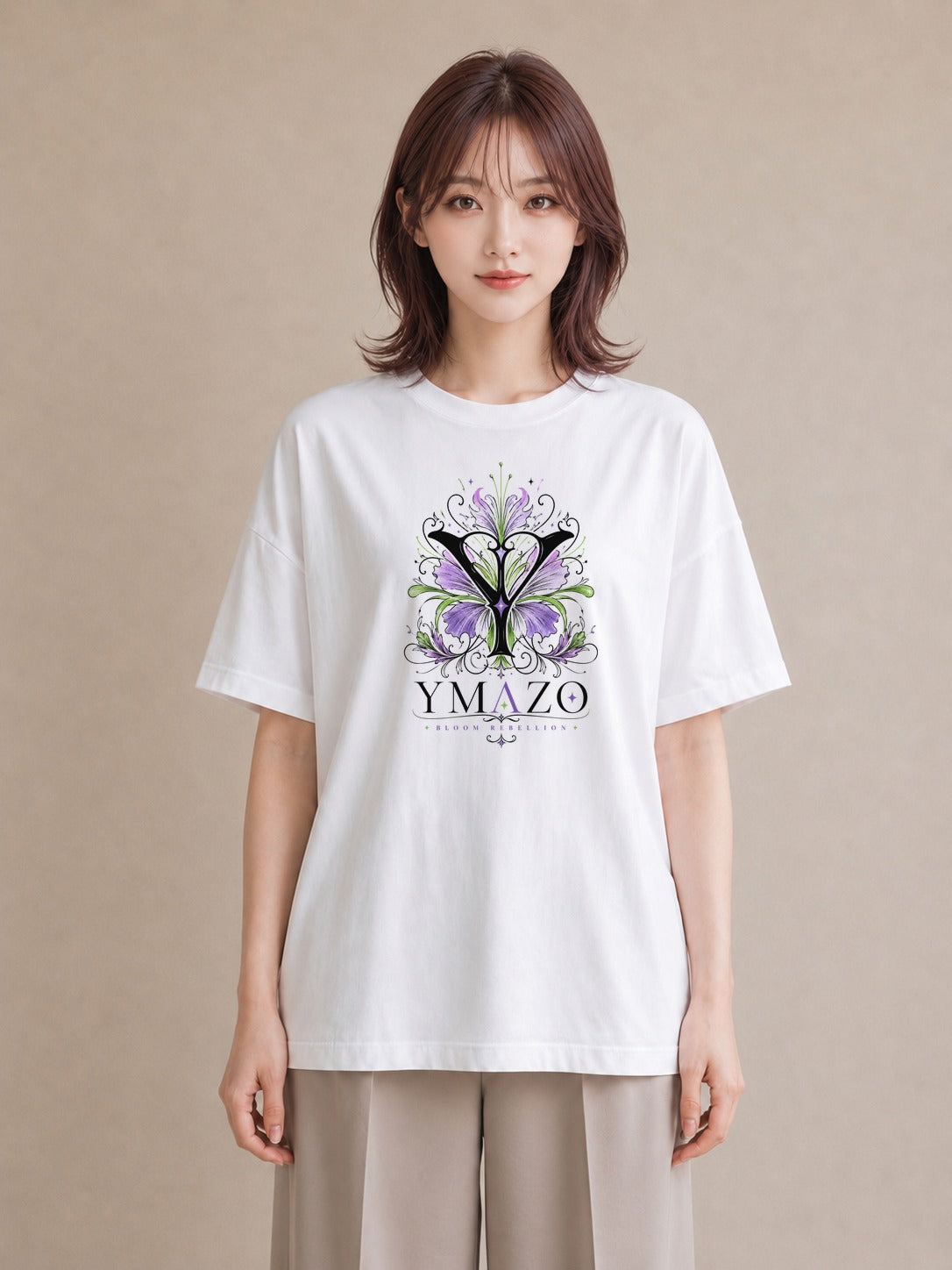 【受注生産】YMAZO Tシャツ レディース 半袖 ゆったり 蝶 ちょうちょ バタフライ 蝶々 花柄 白T 綿100% ホワイト M L 韓国っぽい 大人可愛い 手描き お出かけ リンクコーデ 春夏 プレゼント 初夏｜イニシャルY（大きめプ