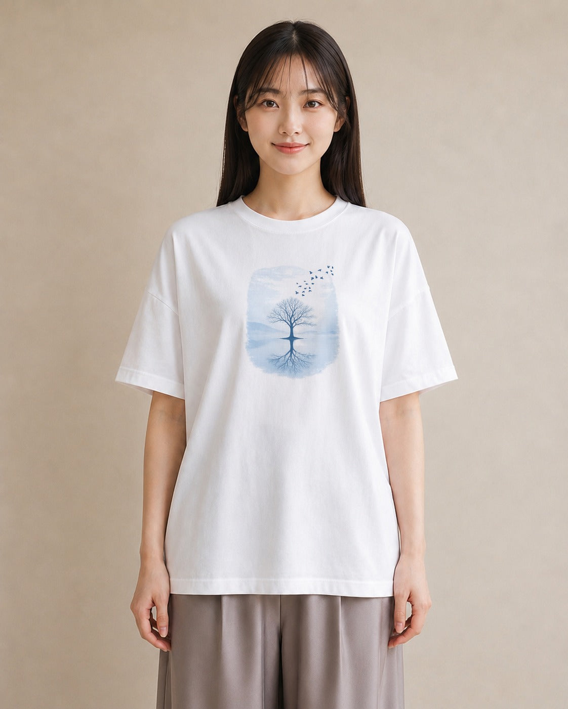 【受注生産】YMAZO Tシャツ レディース 半袖 ビッグシルエット 鳥 小鳥 ことり バード とり 白T 綿100% ホワイト M L くすみカラー フェミニン 韓国っぽい 推し活 通勤 2026新作 プレゼント｜YMAZO art（大き