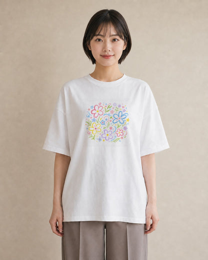 【受注生産】YMAZO Tシャツ レディース 半袖 ビッグT 花柄 フローラル ボタニカル 花 ブーケ 白T 綿100% ホワイト M L 手描き 韓国っぽい フェミニン 通勤 デート プレゼント 春夏 初夏｜花便り（大きめプリント 20×