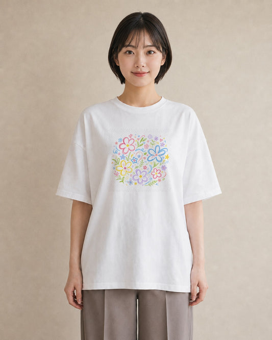 【受注生産】YMAZO Tシャツ レディース 半袖 ビッグT 花柄 フローラル ボタニカル 花 ブーケ 白T 綿100% ホワイト M L 手描き 韓国っぽい フェミニン 通勤 デート プレゼント 春夏 初夏｜花便り（大きめプリント 20×
