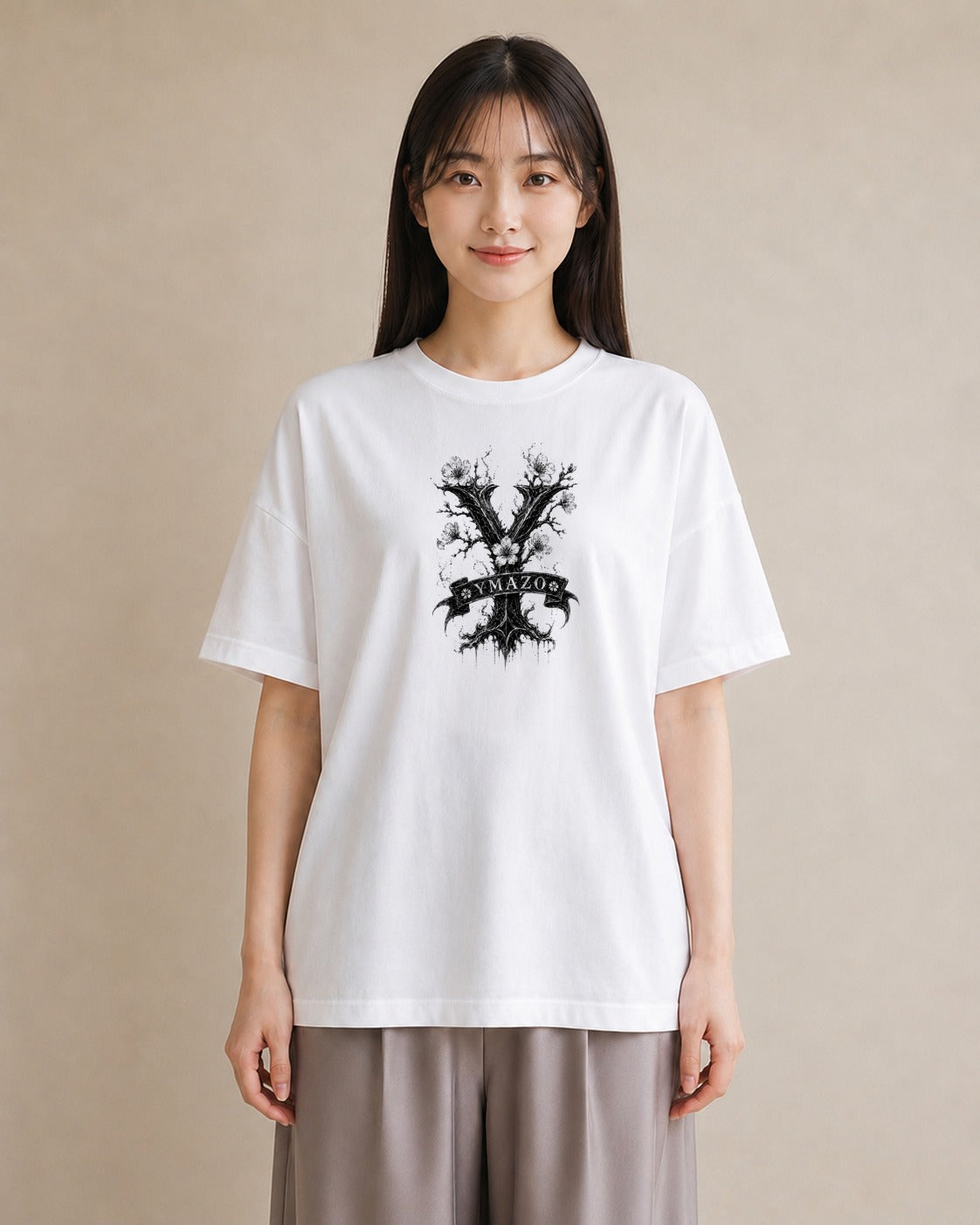 【受注生産】YMAZO Tシャツ レディース 半袖 ゆったり 花柄 フローラル ボタニカル 花 ブーケ 白T 綿100% ホワイト M L くすみカラー 韓国っぽい 大人可愛い リンクコーデ カジュアル 父の日 初夏｜イニシャルY（スタンダ