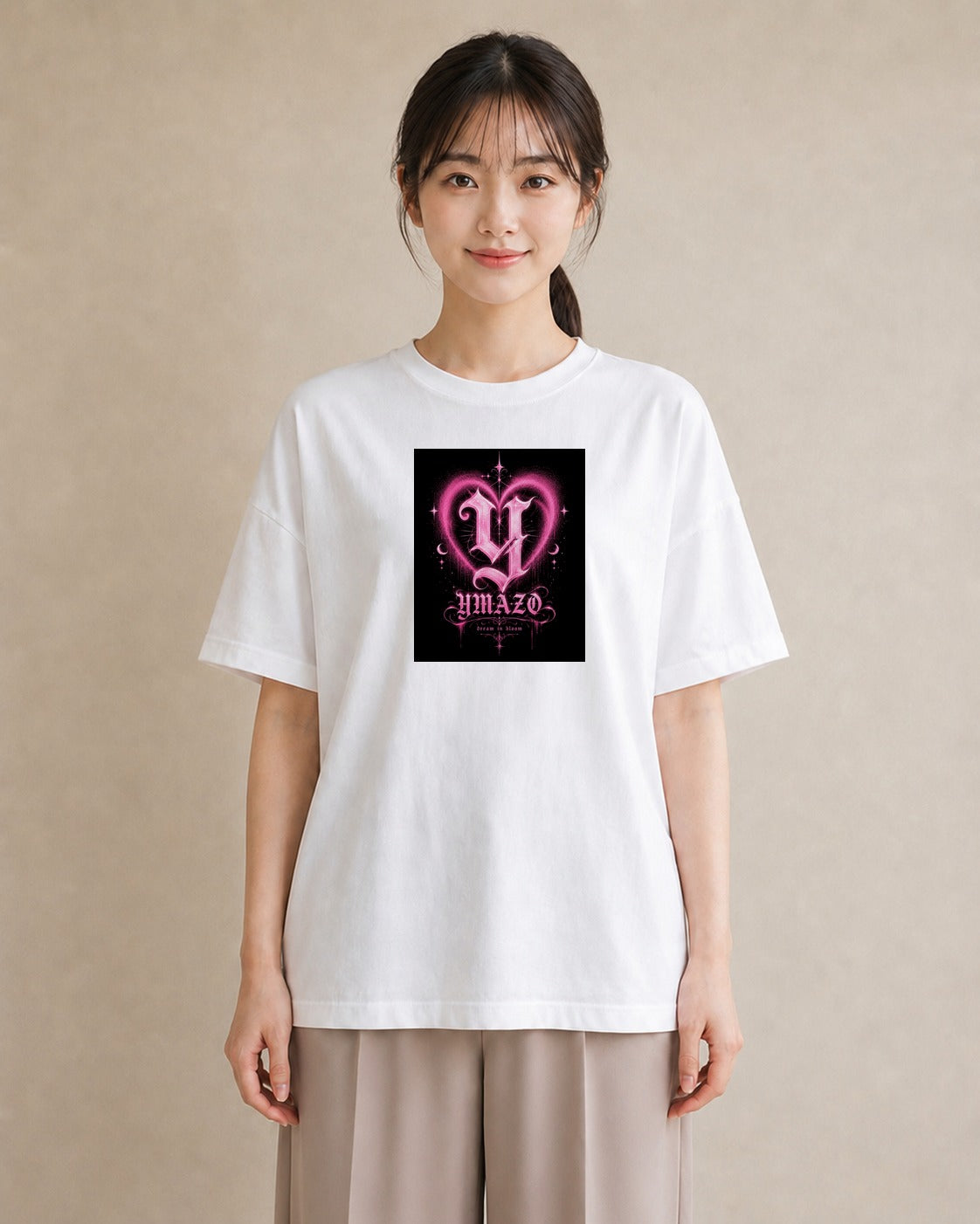 【受注生産】YMAZO Tシャツ レディース 半袖 ビッグシルエット 花柄 フローラル ボタニカル 花 ブーケ 白T 綿100% ホワイト M L ニュアンス 大人可愛い ナチュラル 通勤 お出かけ 父の日 春夏 プ｜Y字ロゴ（大きめプリン
