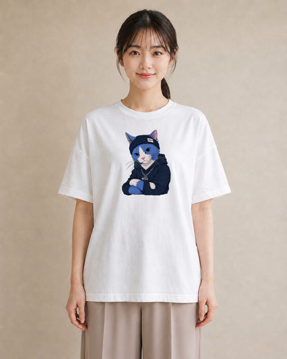 【受注生産】YMAZO Tシャツ レディース 半袖 ビッグシルエット 猫 ねこ ネコ キャット 猫柄 白T 綿100% ホワイト M L 韓国っぽい 手描き くすみカラー お出かけ デイリー 2026新作 父の日 初｜どうぶつ日和（大きめプ