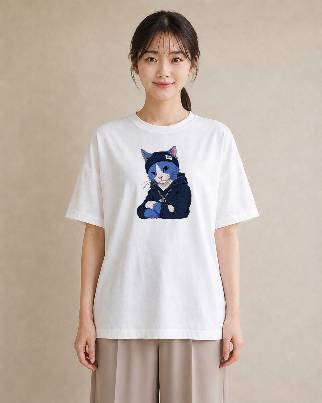 【受注生産】YMAZO Tシャツ レディース 半袖 ビッグシルエット 猫 ねこ ネコ キャット 猫柄 白T 綿100% ホワイト M L 韓国っぽい 手描き くすみカラー お出かけ デイリー 2026新作 父の日 初｜どうぶつ日和（スタンダ