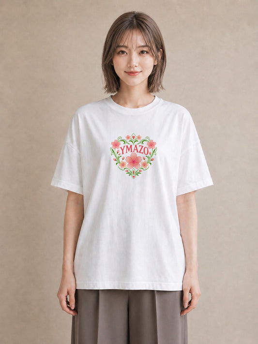【受注生産】YMAZO Tシャツ レディース 半袖 オーバーサイズ 花柄 フローラル ボタニカル 花 ブーケ 白T 綿100% ホワイト M L 水彩 韓国っぽい ナチュラル お出かけ 推し活 初夏 春夏 ギフト｜花便り（スタンダードプリン