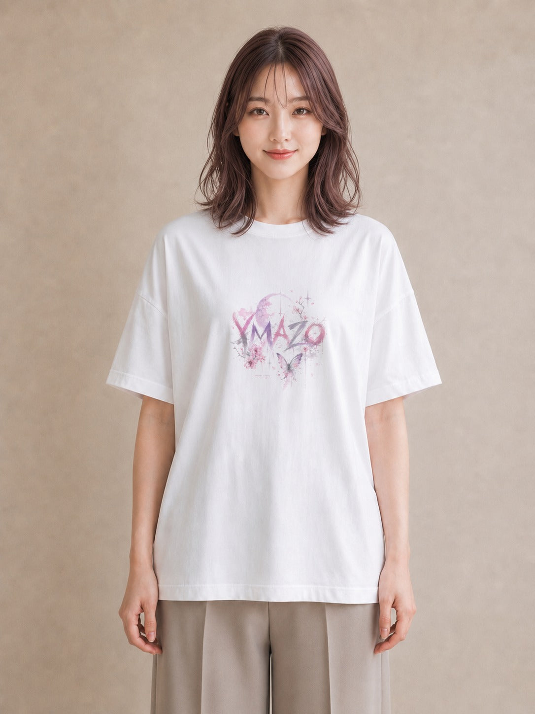 【受注生産】YMAZO Tシャツ レディース 半袖 ビッグT 蝶 ちょうちょ バタフライ 蝶々 さくら 白T 綿100% ホワイト M L ニュアンス 大人可愛い フェミニン 推し活 デート 初夏 プレゼント 父の日｜花あそび（スタンダード