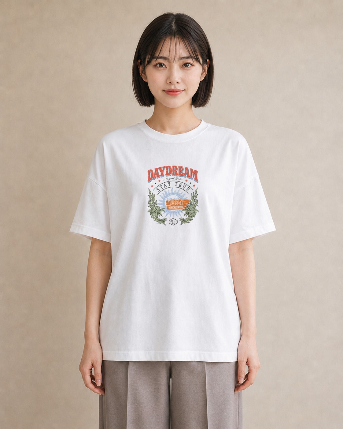 【受注生産】YMAZO Tシャツ レディース 半袖 ビッグシルエット 花柄 フローラル ボタニカル 花 ブーケ 白T 綿100% ホワイト M L ニュアンス 大人可愛い 手描き カジュアル デイリー 父の日 初夏｜花便り（大きめプリント 
