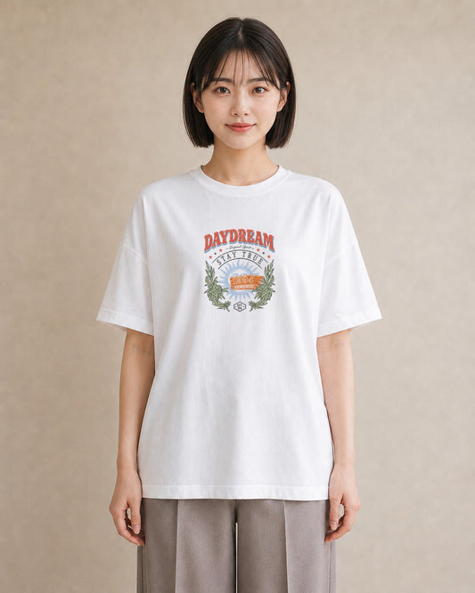 【受注生産】YMAZO Tシャツ レディース 半袖 ビッグシルエット 花柄 フローラル ボタニカル 花 ブーケ 白T 綿100% ホワイト M L ニュアンス 大人可愛い 手描き カジュアル デイリー 父の日 初夏｜花便り（大きめプリント 