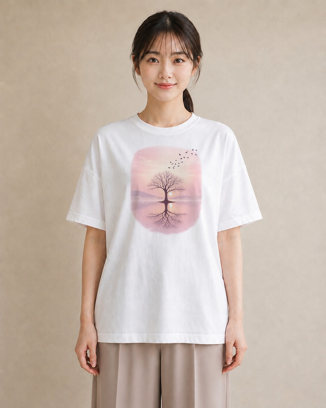 【受注生産】YMAZO Tシャツ レディース 半袖 ゆったり 鳥 小鳥 ことり バード とり 白T 綿100% ホワイト M L ニュアンス ナチュラル フェミニン お出かけ 推し活 初夏 父の日 プレゼント｜YMAZO art（大きめプリ