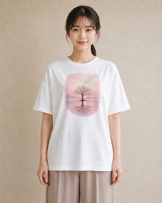 【受注生産】YMAZO Tシャツ レディース 半袖 ゆったり 鳥 小鳥 ことり バード とり 白T 綿100% ホワイト M L ニュアンス ナチュラル フェミニン お出かけ 推し活 初夏 父の日 プレゼント｜YMAZO art（大きめプリ
