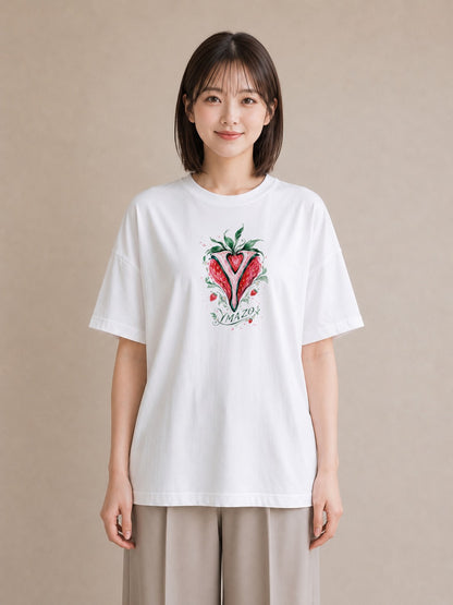 【受注生産】YMAZO Tシャツ レディース 半袖 オーバーサイズ いちご イチゴ 苺 ストロベリー フルーツ 白T 綿100% ホワイト M L ニュアンス くすみカラー ナチュラル デイリー 推し活 初夏 ギフト｜ベリー（大きめプリント