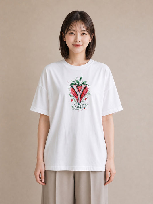 【受注生産】YMAZO Tシャツ レディース 半袖 オーバーサイズ いちご イチゴ 苺 ストロベリー フルーツ 白T 綿100% ホワイト M L ニュアンス くすみカラー ナチュラル デイリー 推し活 初夏 ギフト｜ベリー（スタンダードプ