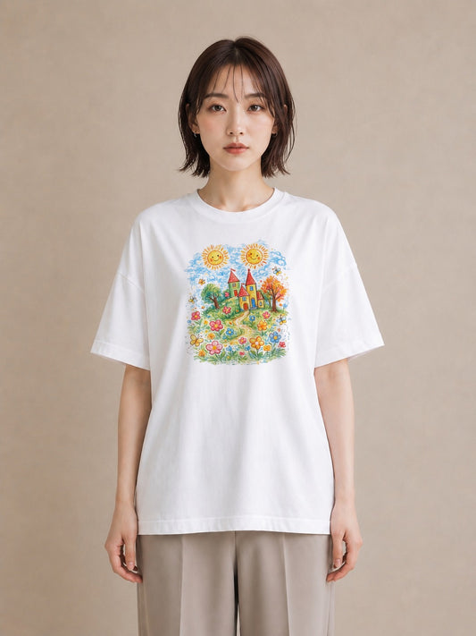 【受注生産】YMAZO Tシャツ レディース 半袖 オーバーサイズ 花 花柄 フラワー フローラル ボタニカル 白T 綿100% ホワイト M L フェミニン 大人可愛い 手描き 推し活 通勤 2026新作 プレゼン｜花便り（大きめプリント