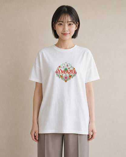 【受注生産】YMAZO Tシャツ レディース 半袖 オーバーサイズ 花柄 フローラル ボタニカル 花 ブーケ 白T 綿100% ホワイト M L 大人可愛い 手描き 韓国っぽい カジュアル デイリー プレゼント 初夏｜花あそび（大きめプリン