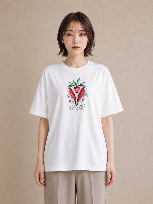 【受注生産】YMAZO Tシャツ レディース 半袖 オーバーサイズ いちご イチゴ 苺 ストロベリー フルーツ 白T 綿100% ホワイト M L ニュアンス くすみカラー ナチュラル デイリー 推し活 初夏 ギフト｜ベリー（スタンダードプ