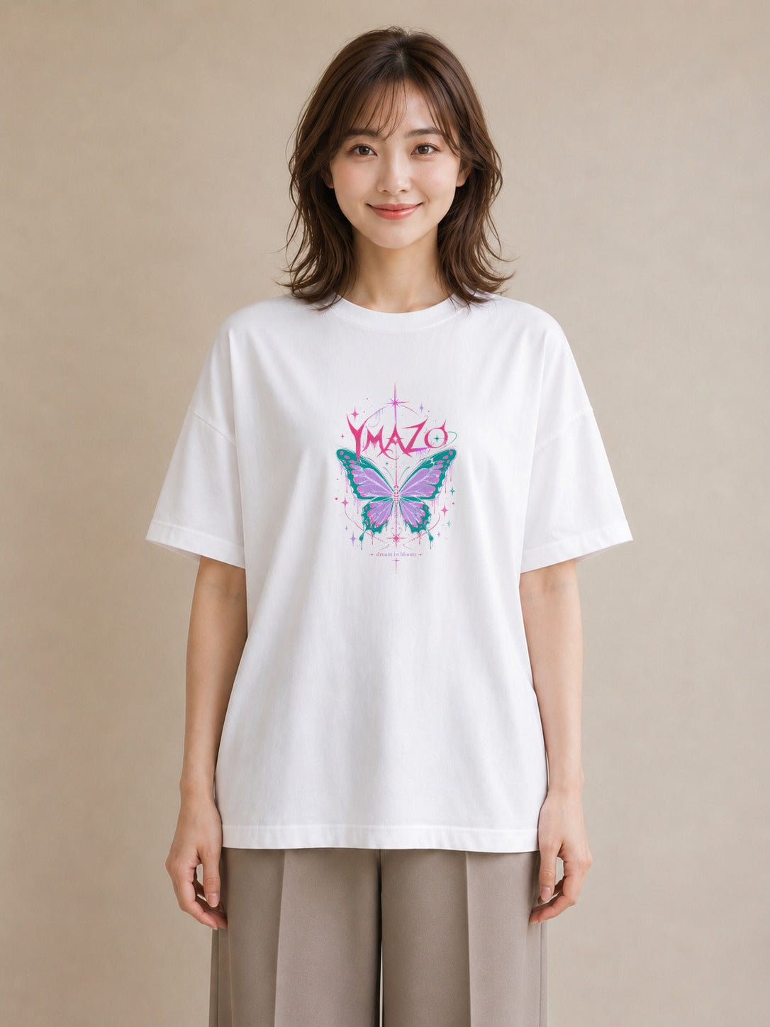 【受注生産】YMAZO Tシャツ レディース 半袖 オーバーサイズ 蝶 ちょうちょ バタフライ 蝶々 白T 綿100% ホワイト M L 大人可愛い ナチュラル 韓国っぽい カジュアル 推し活 プレゼント 春夏 父の｜どうぶつ日和（大きめプ