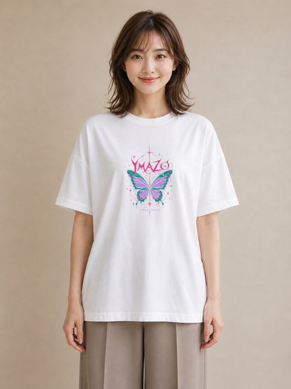 【受注生産】YMAZO Tシャツ レディース 半袖 オーバーサイズ 蝶 ちょうちょ バタフライ 蝶々 白T 綿100% ホワイト M L 大人可愛い ナチュラル 韓国っぽい カジュアル 推し活 プレゼント 春夏 父の｜どうぶつ日和（大きめプ