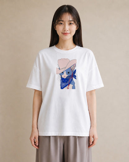 【受注生産】YMAZO Tシャツ レディース 半袖 ゆったり 猫 ねこ ネコ キャット 猫柄 白T 綿100% ホワイト M L 手描き ナチュラル 韓国っぽい リンクコーデ カジュアル プレゼント 父の日 春夏｜どうぶつ日和（大きめプリン