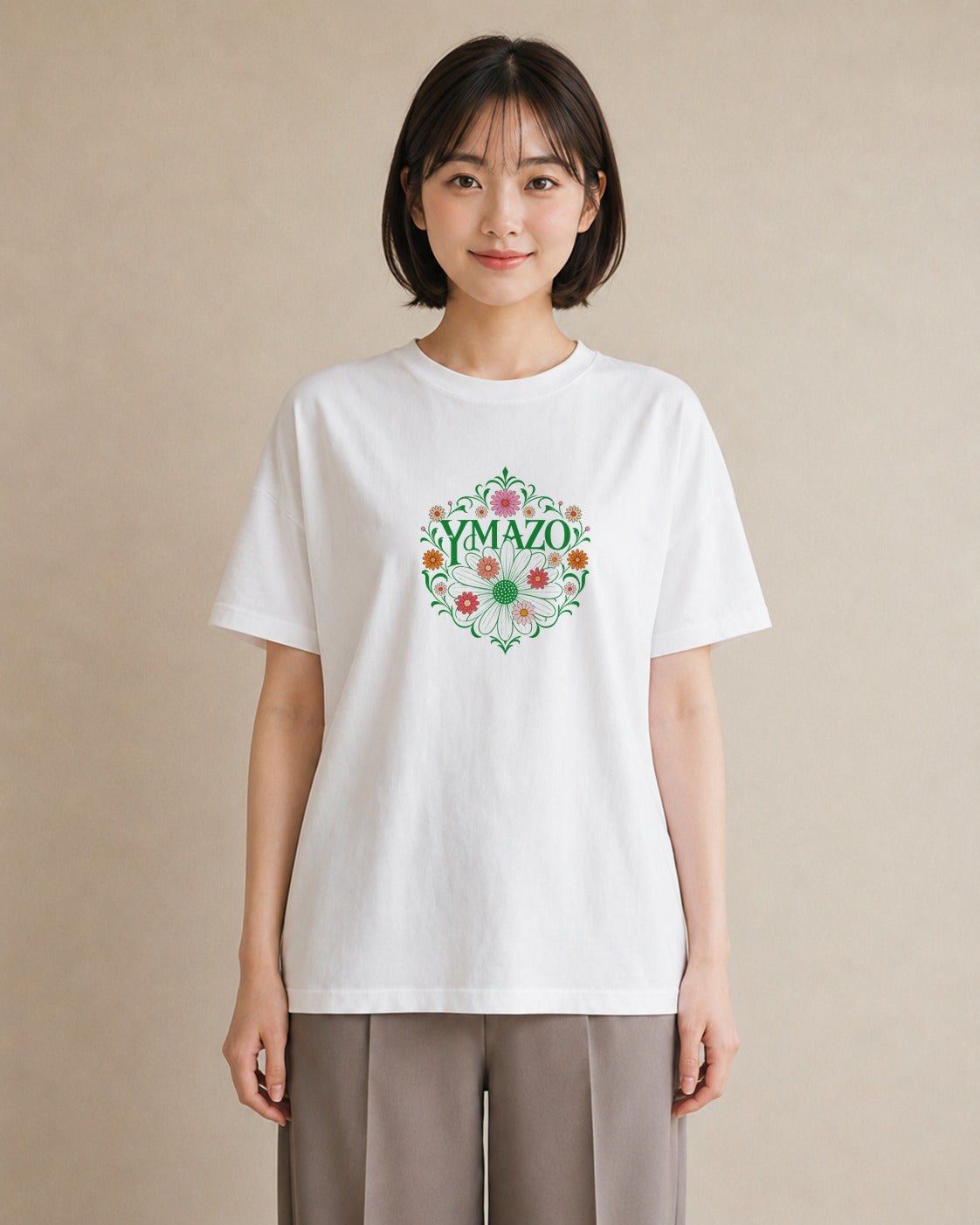 【受注生産】YMAZO Tシャツ レディース 半袖 ゆったり 花柄 フローラル ボタニカル 花 ブーケ 白T 綿100% ホワイト M L ニュアンス フェミニン 韓国っぽい 通勤 リンクコーデ ギフト 2026新作｜花あそび（大きめプリン