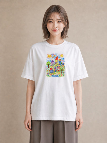 【受注生産】YMAZO Tシャツ レディース 半袖 ビッグシルエット 花 花柄 フラワー フローラル ボタニカル 白T 綿100% ホワイト M L 水彩 ナチュラル 手描き 推し活 お出かけ 2026新作 春夏 初｜花あそび（大きめプリン