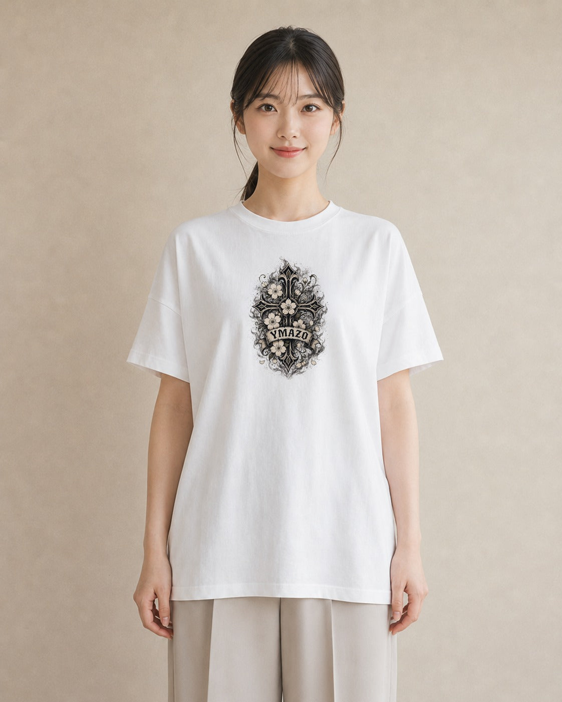 【受注生産】YMAZO Tシャツ レディース 半袖 ゆったり さくら 桜 チェリー サクラ 花 白T 綿100% ホワイト M L 大人可愛い ニュアンス フェミニン デート デイリー 初夏 父の日 春夏｜花あそび（大きめプリント 20×2
