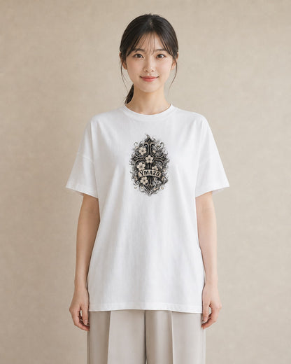 【受注生産】YMAZO Tシャツ レディース 半袖 ゆったり さくら 桜 チェリー サクラ 花 白T 綿100% ホワイト M L 大人可愛い ニュアンス フェミニン デート デイリー 初夏 父の日 春夏｜花あそび（スタンダードプリント 1