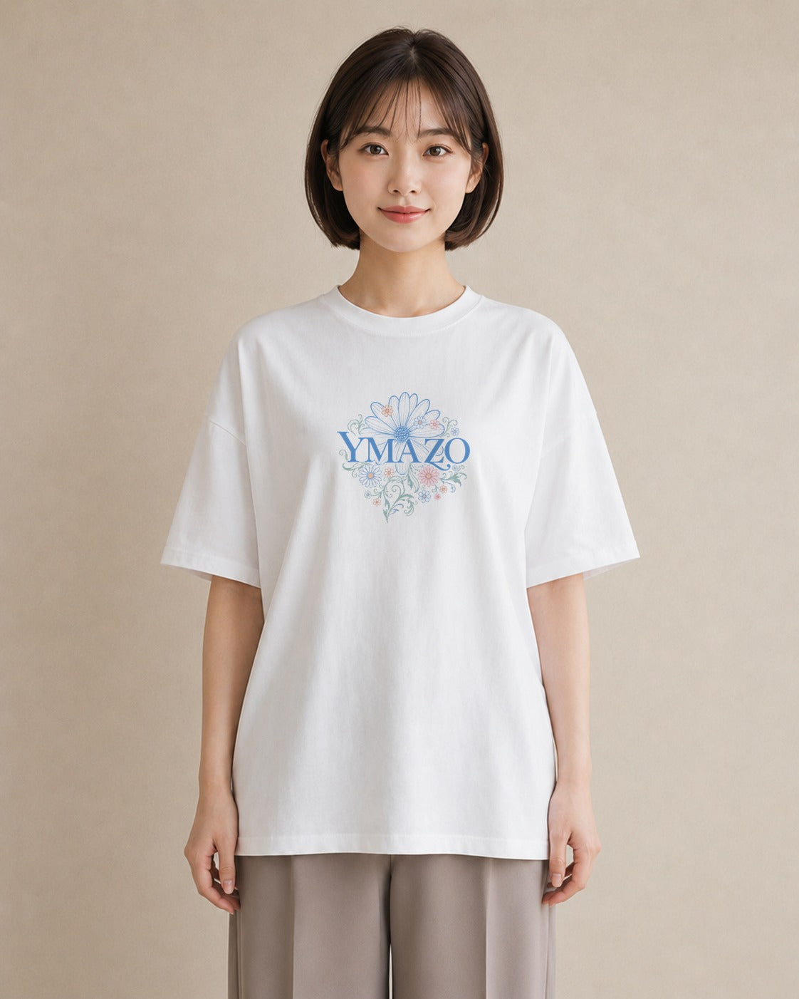 【受注生産】YMAZO Tシャツ レディース 半袖 ゆったり 花柄 フローラル ボタニカル 花 ブーケ 白T 綿100% ホワイト M L ニュアンス フェミニン ナチュラル 通勤 推し活 父の日 初夏 プレゼント｜花便り（スタンダードプリ