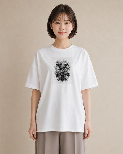 【受注生産】YMAZO Tシャツ レディース 半袖 ビッグT 花柄 フローラル ボタニカル 花 ブーケ 白T 綿100% ホワイト M L ナチュラル 手描き くすみカラー お出かけ 推し活 プレゼント 春夏 初夏｜Y字ロゴ（大きめプリント