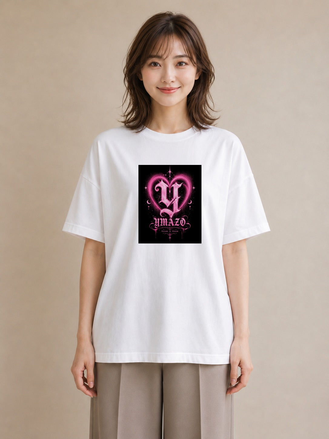 【受注生産】YMAZO Tシャツ レディース 半袖 ビッグシルエット 花柄 フローラル ボタニカル 花 ブーケ 白T 綿100% ホワイト M L ニュアンス 大人可愛い ナチュラル 通勤 お出かけ 父の日 春夏 プ｜Y字ロゴ（スタンダード